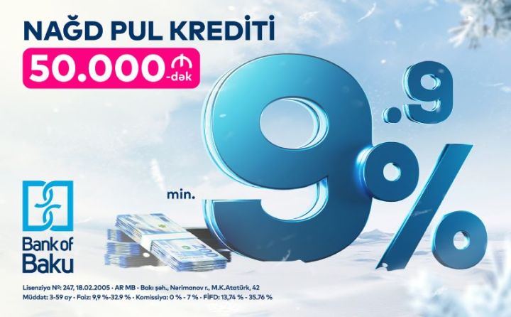 Bank of Baku faizləri endirdi: min. 9.9%-lə 50.000 AZN-dək KREDİT!